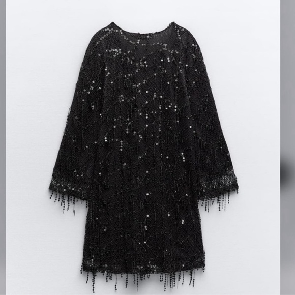 NWT Zara Black FRINGED SEQUIN MINI DRESS Size Small S - Picture 15 of 15